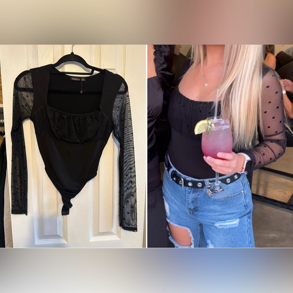 Black Long Sleeve Mesh Boohoo Bodysuit